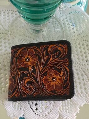 Wrangler Tooled Floral Leather Bifold Wallet - Brown and Black